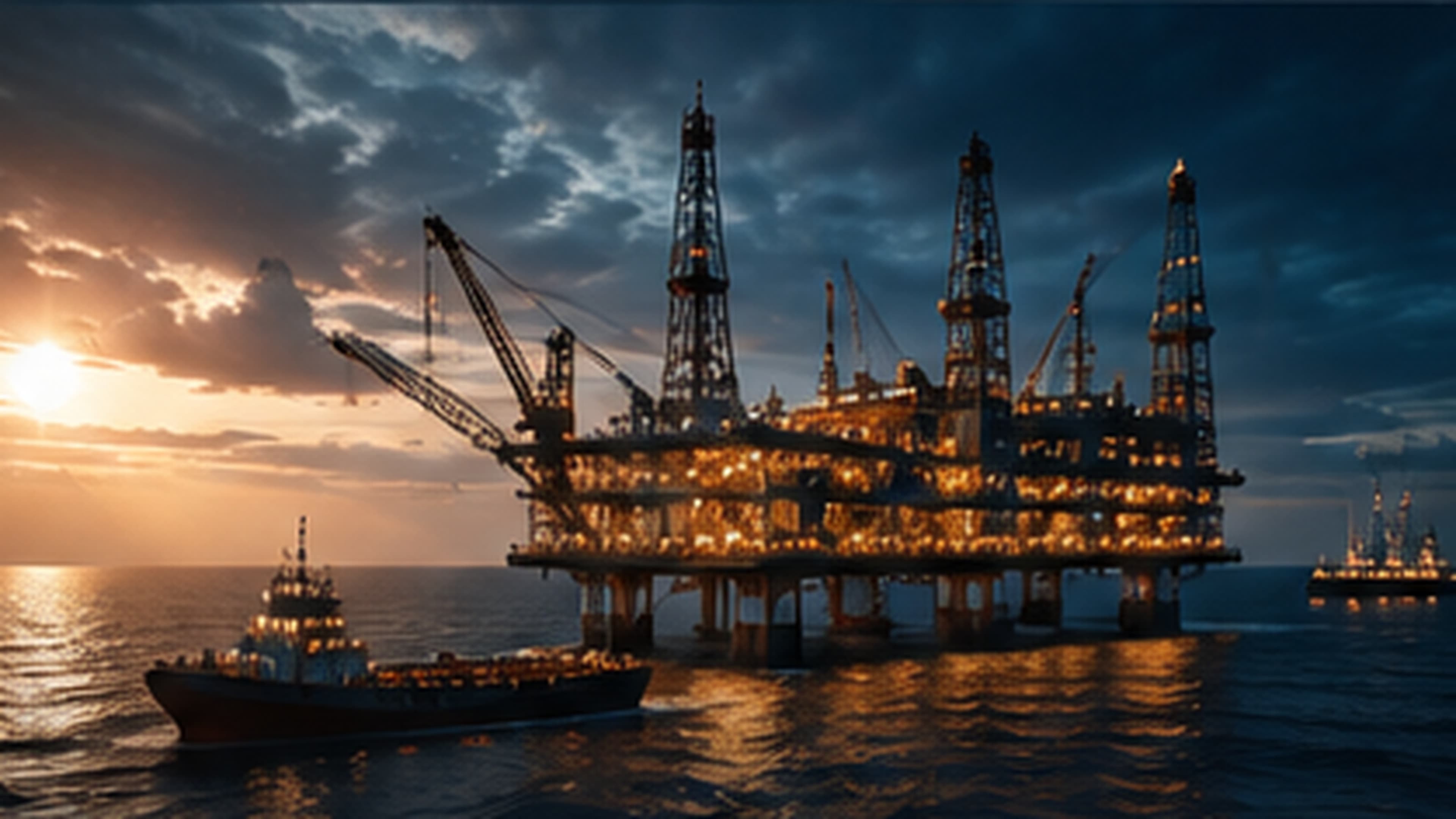 Offshore oil and gas platform at sunset