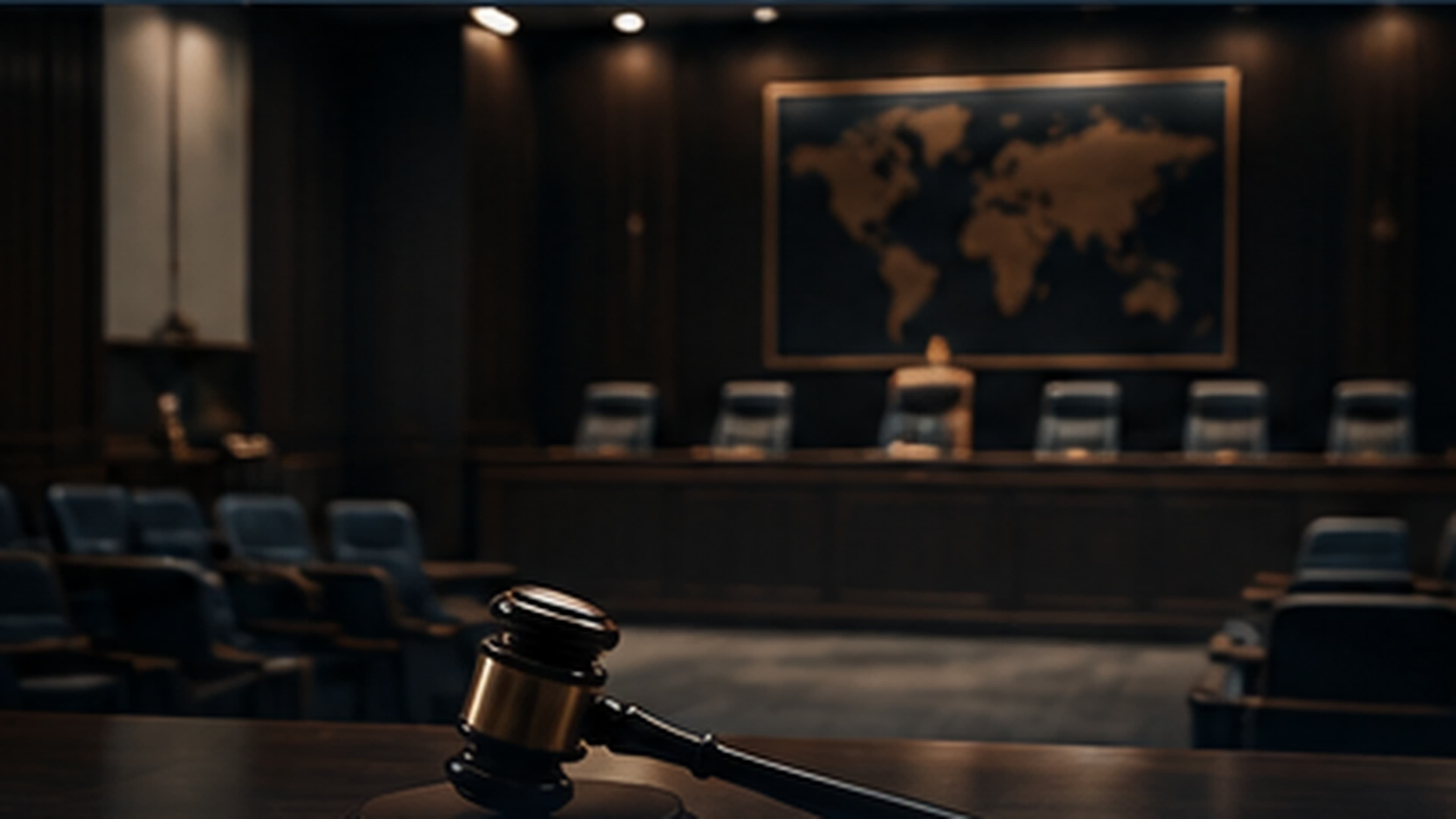 International hearing room with a judge's gavel