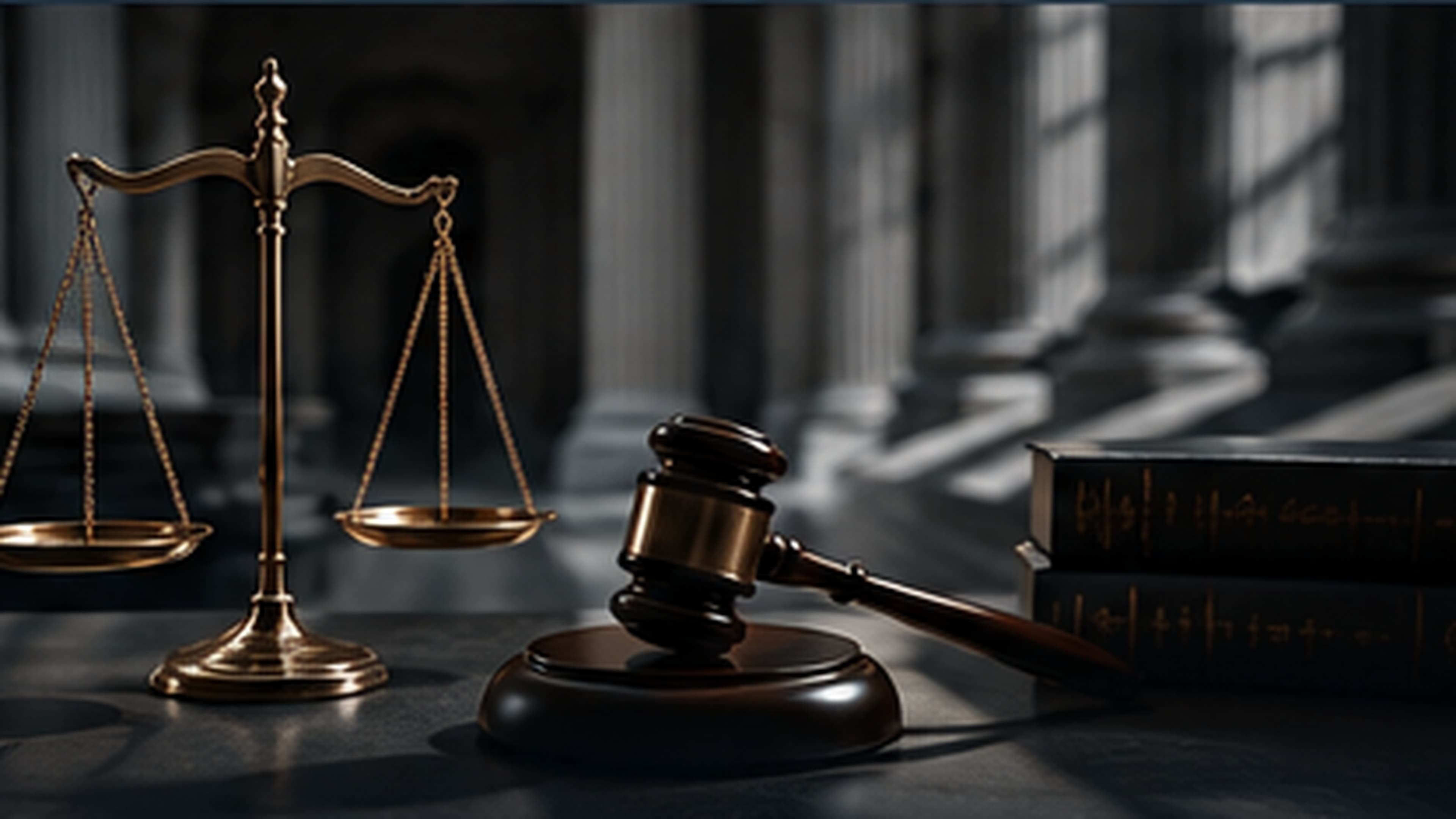 Scales of justice and gavel in a courthouse